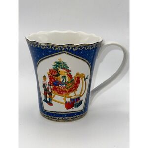 Robert Stanley Christmas Mug Teddy Bear Sleigh Nutcracker Blue Gold Scalloped